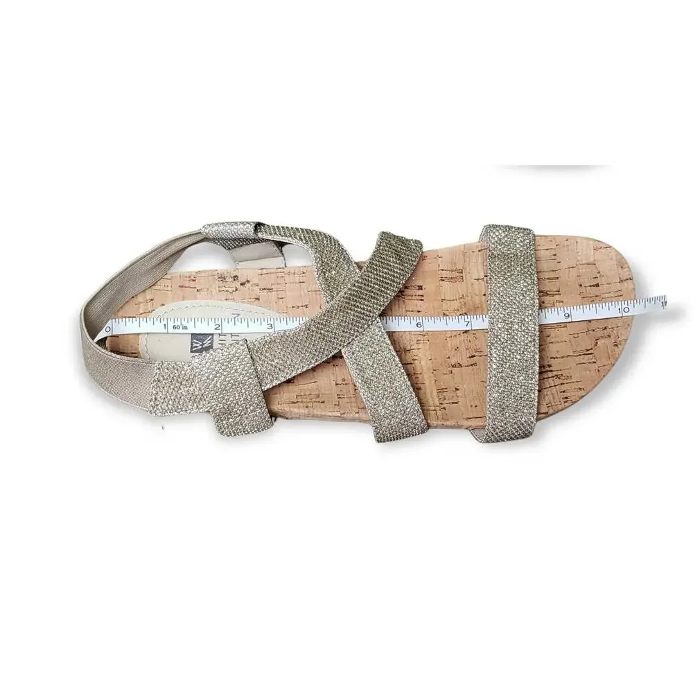 White Mountain Cork Silver & Gold Elastic Strap Open Toe Sandals Shoes  Size 9.5